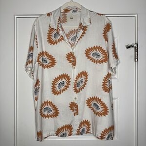 Folk Shirt Men Medium Ivory Floral Linen Blend Button Up Short Sleeves